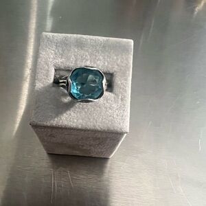 Beautiful Sterling Silver Large Faceted Blue Topaz Ring Made in Israel.